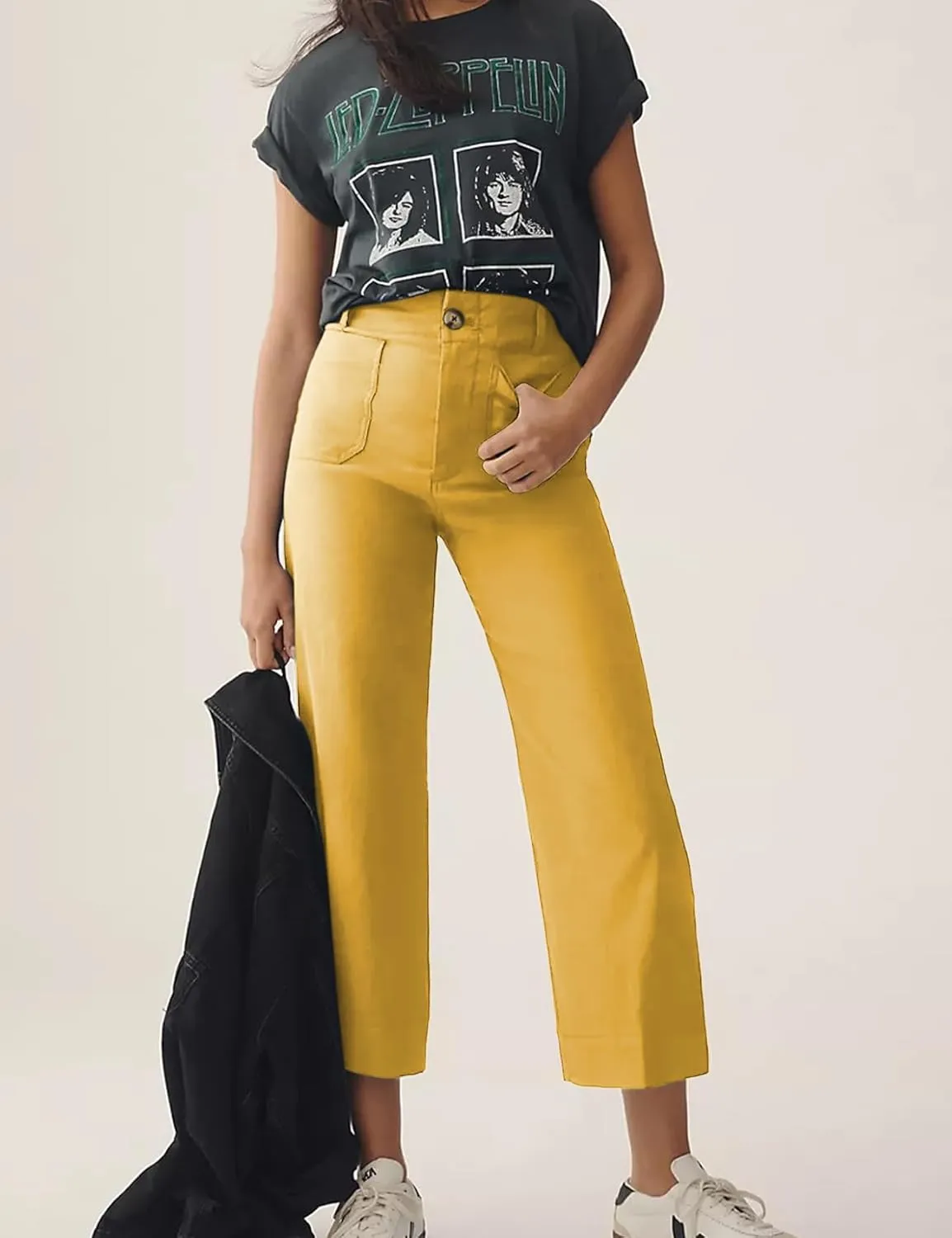 Cropped Wide-Leg Pants Casual High Waist Baggy Pants Stretchy Straight Trousers with Pockets
