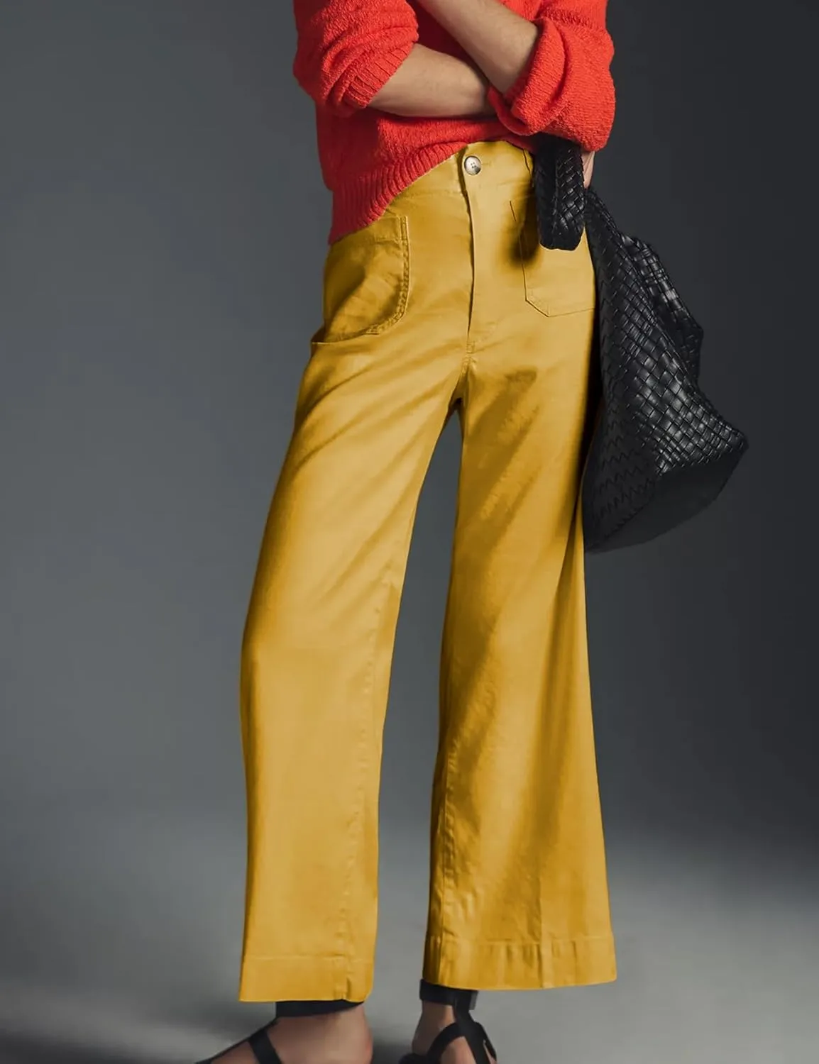 Cropped Wide-Leg Pants Casual High Waist Baggy Pants Stretchy Straight Trousers with Pockets