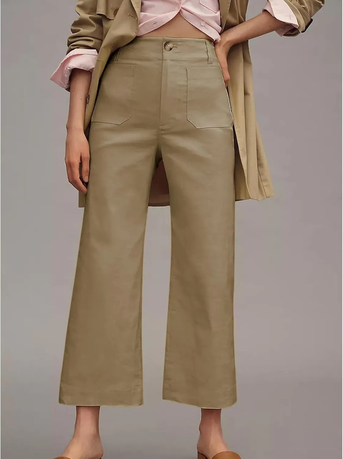 Cropped Wide-Leg Pants Casual High Waist Baggy Pants Stretchy Straight Trousers with Pockets