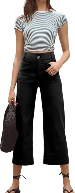 Cropped Wide-Leg Pants Casual High Waist Baggy Pants Stretchy Straight Trousers with Pockets