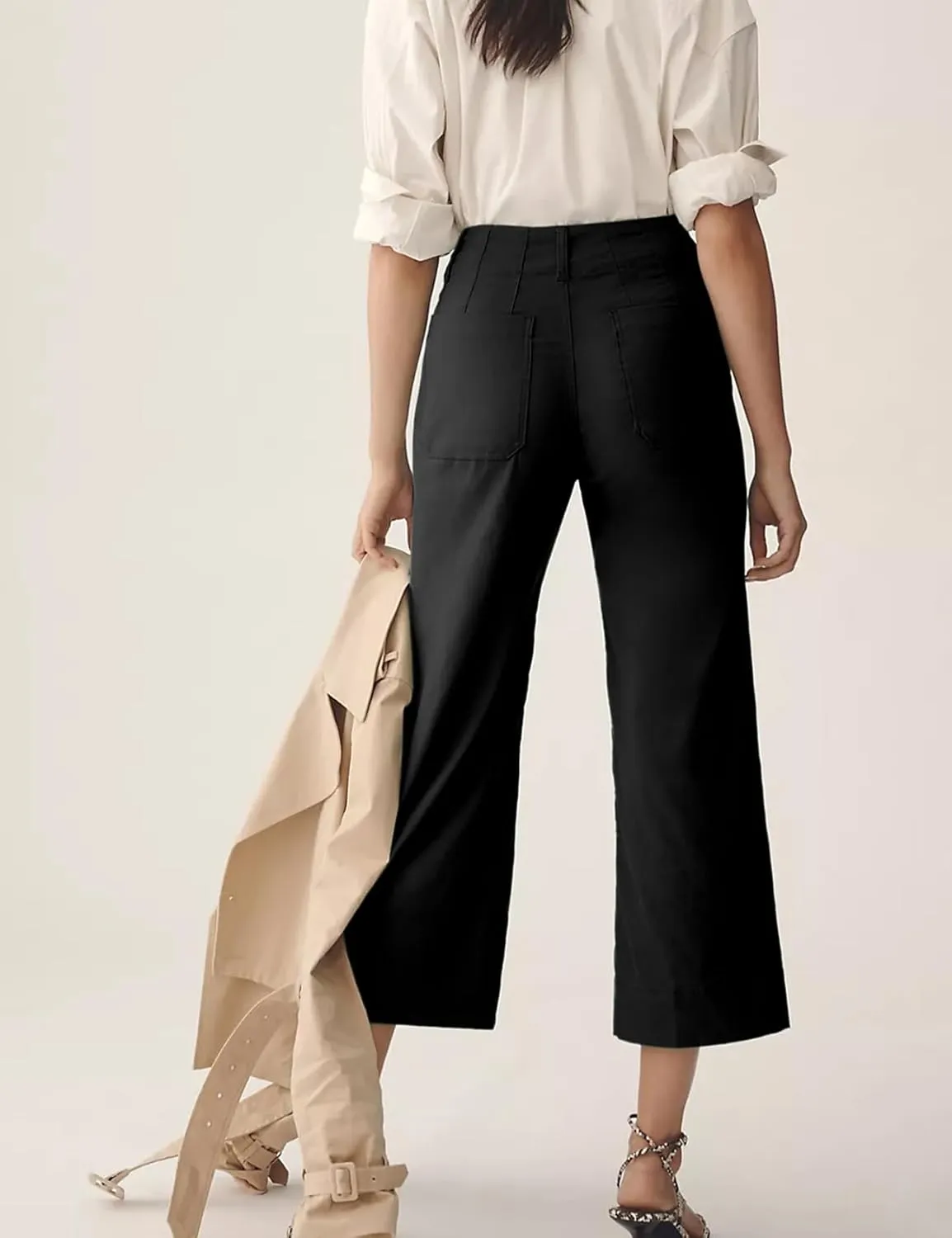 Cropped Wide-Leg Pants Casual High Waist Baggy Pants Stretchy Straight Trousers with Pockets