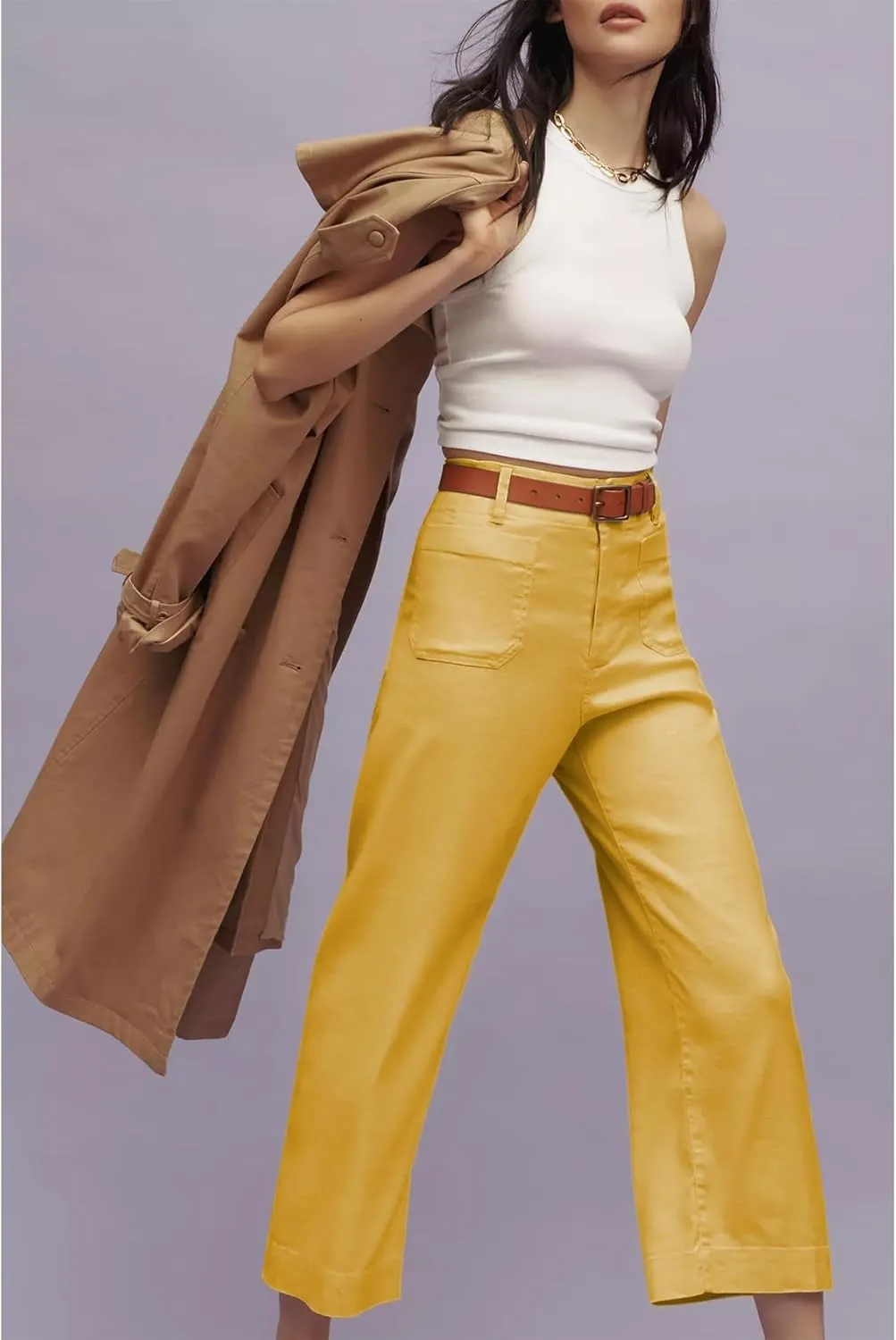 Cropped Wide-Leg Pants Casual High Waist Baggy Pants Stretchy Straight Trousers with Pockets