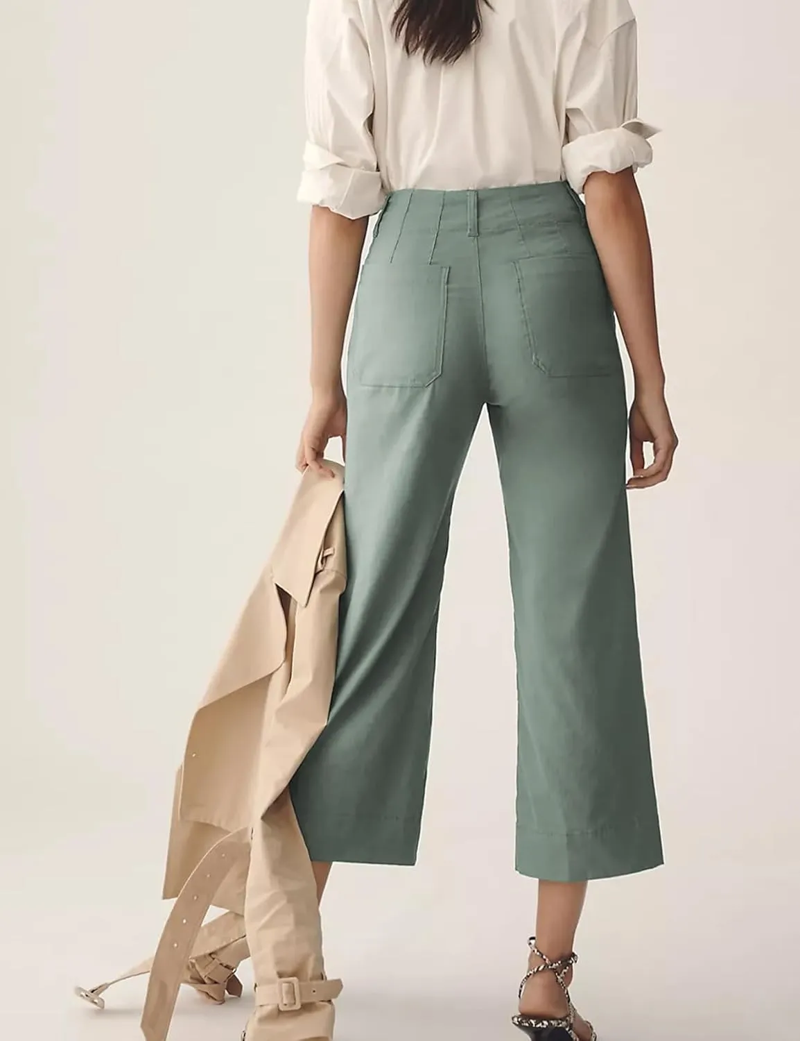 Cropped Wide-Leg Pants Casual High Waist Baggy Pants Stretchy Straight Trousers with Pockets