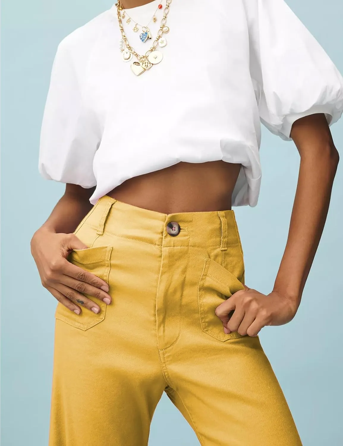 Cropped Wide-Leg Pants Casual High Waist Baggy Pants Stretchy Straight Trousers with Pockets