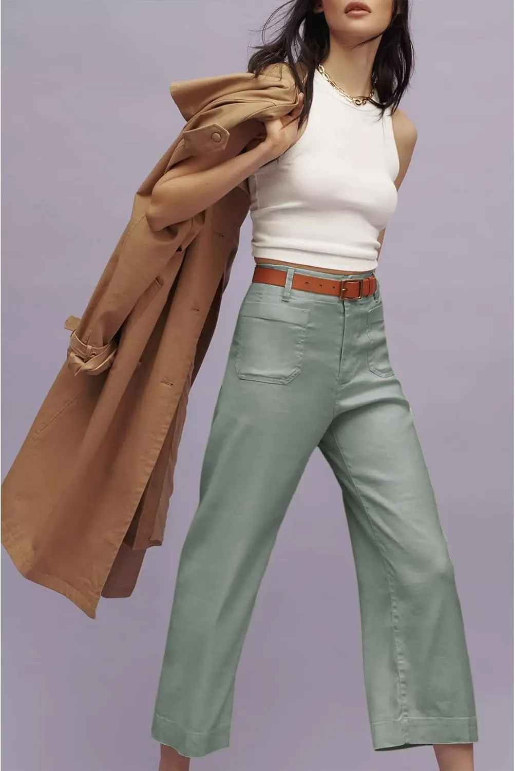 Cropped Wide-Leg Pants Casual High Waist Baggy Pants Stretchy Straight Trousers with Pockets