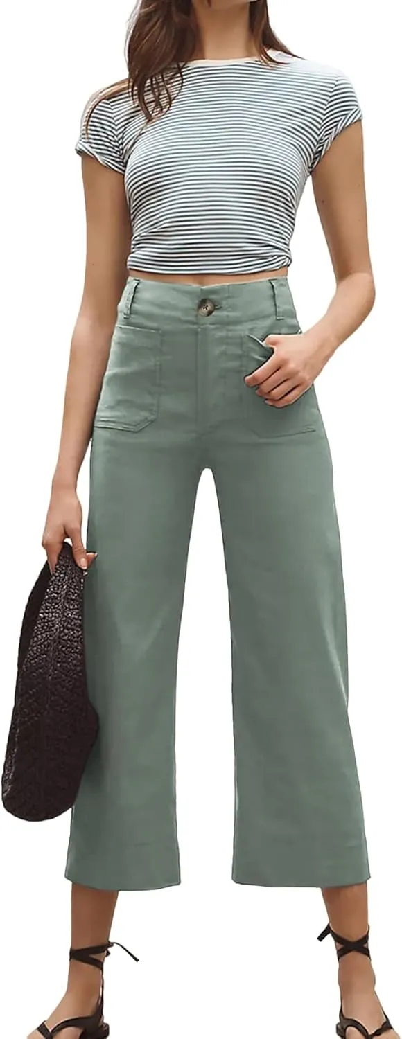 Cropped Wide-Leg Pants Casual High Waist Baggy Pants Stretchy Straight Trousers with Pockets