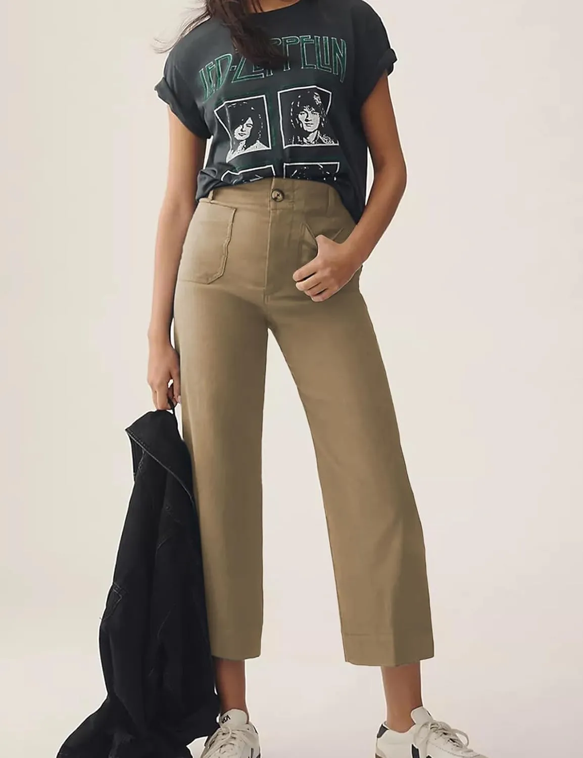 Cropped Wide-Leg Pants Casual High Waist Baggy Pants Stretchy Straight Trousers with Pockets