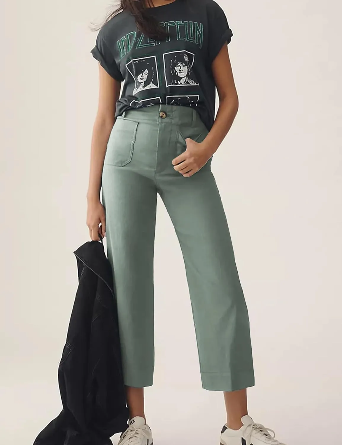Cropped Wide-Leg Pants Casual High Waist Baggy Pants Stretchy Straight Trousers with Pockets