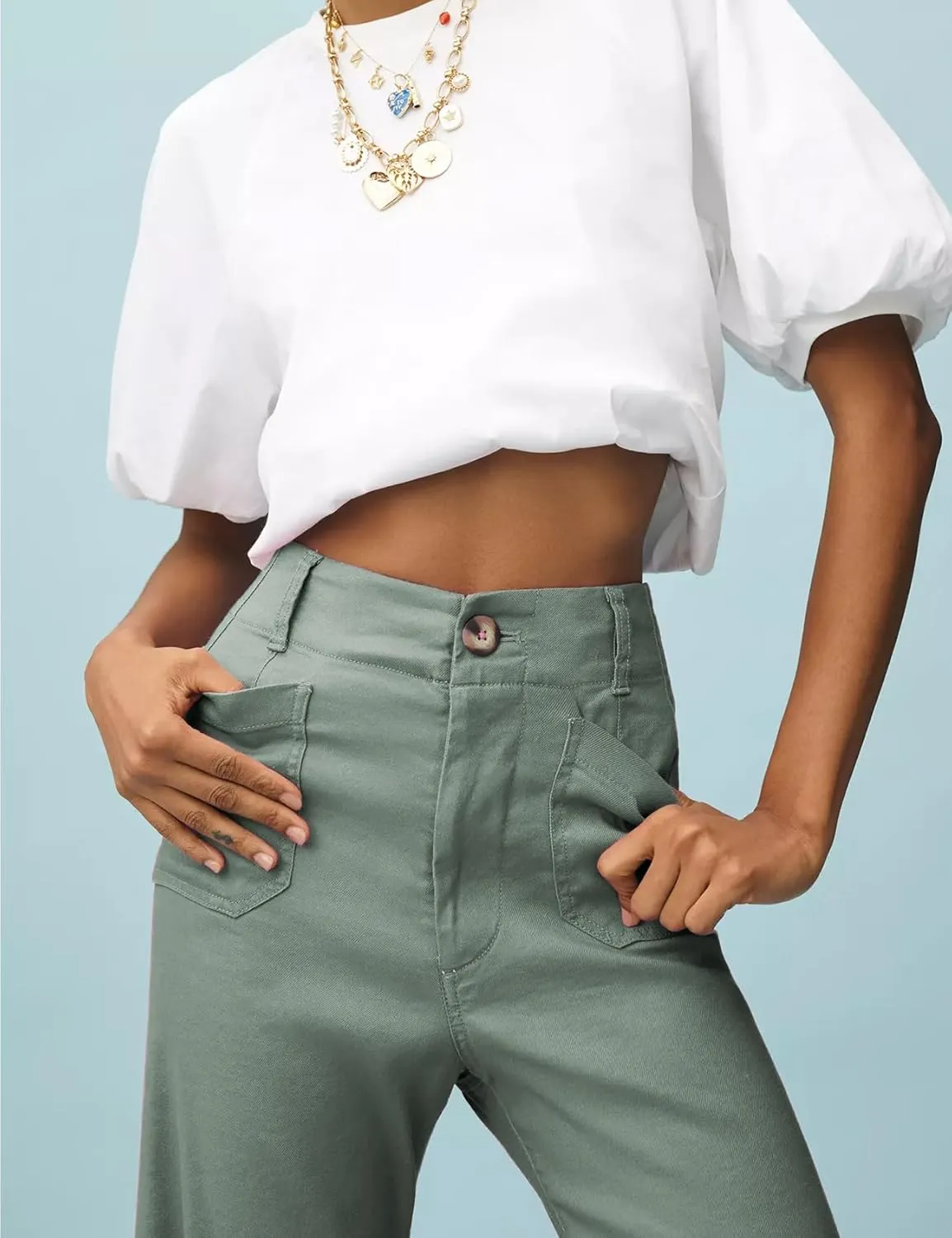 Cropped Wide-Leg Pants Casual High Waist Baggy Pants Stretchy Straight Trousers with Pockets