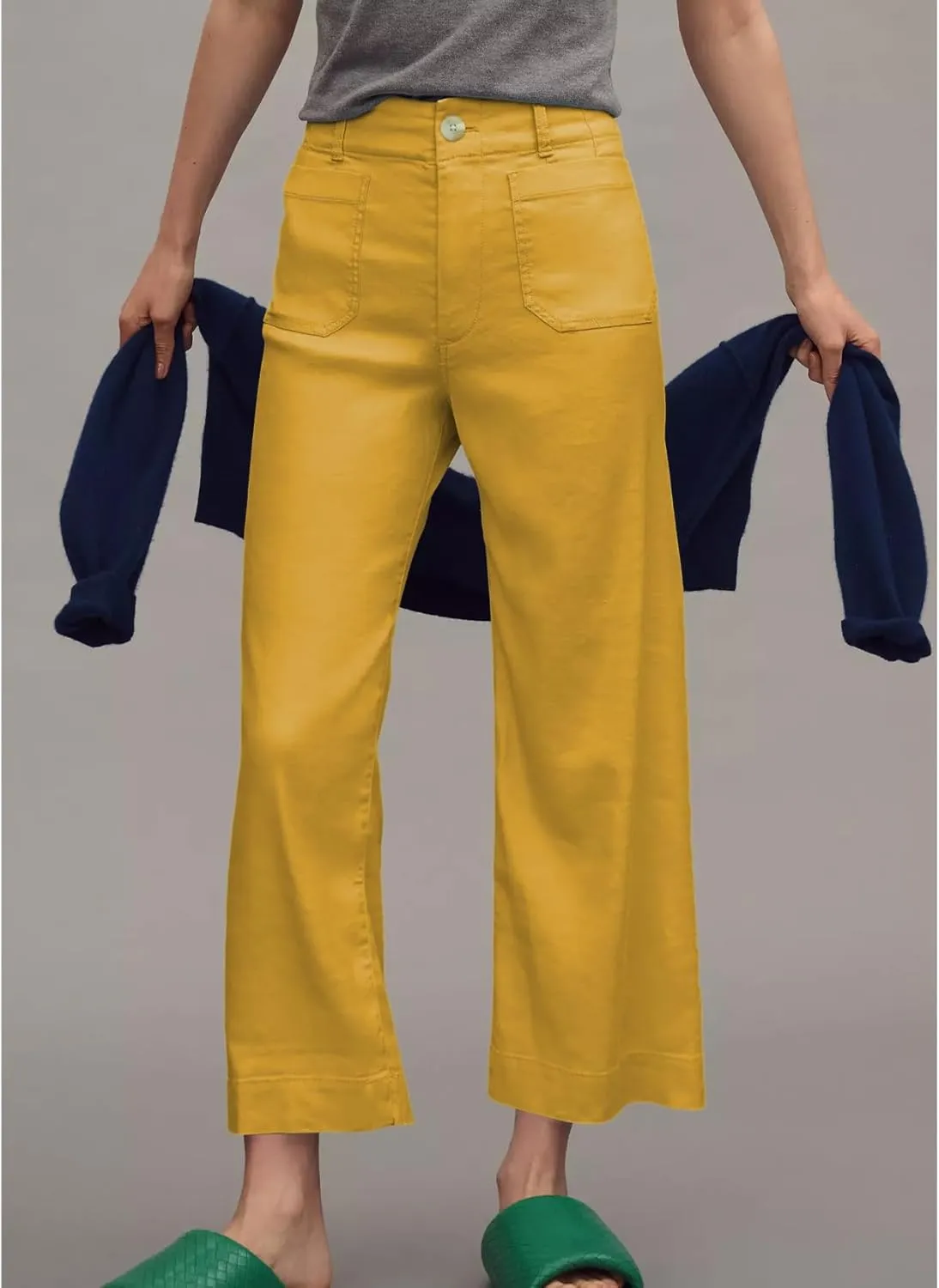 Cropped Wide-Leg Pants Casual High Waist Baggy Pants Stretchy Straight Trousers with Pockets