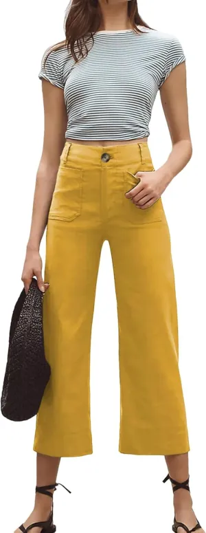 Cropped Wide-Leg Pants Casual High Waist Baggy Pants Stretchy Straight Trousers with Pockets
