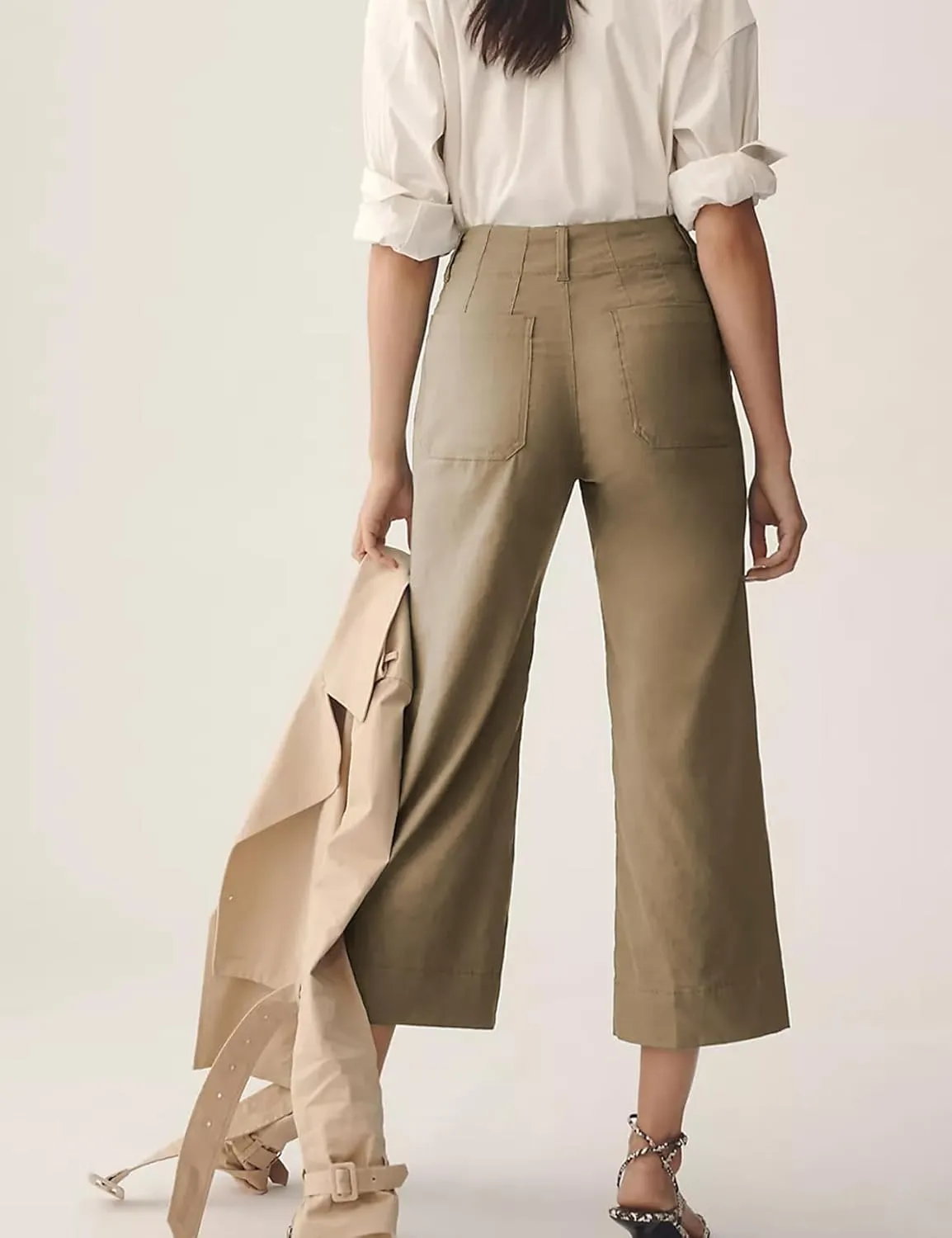 Cropped Wide-Leg Pants Casual High Waist Baggy Pants Stretchy Straight Trousers with Pockets