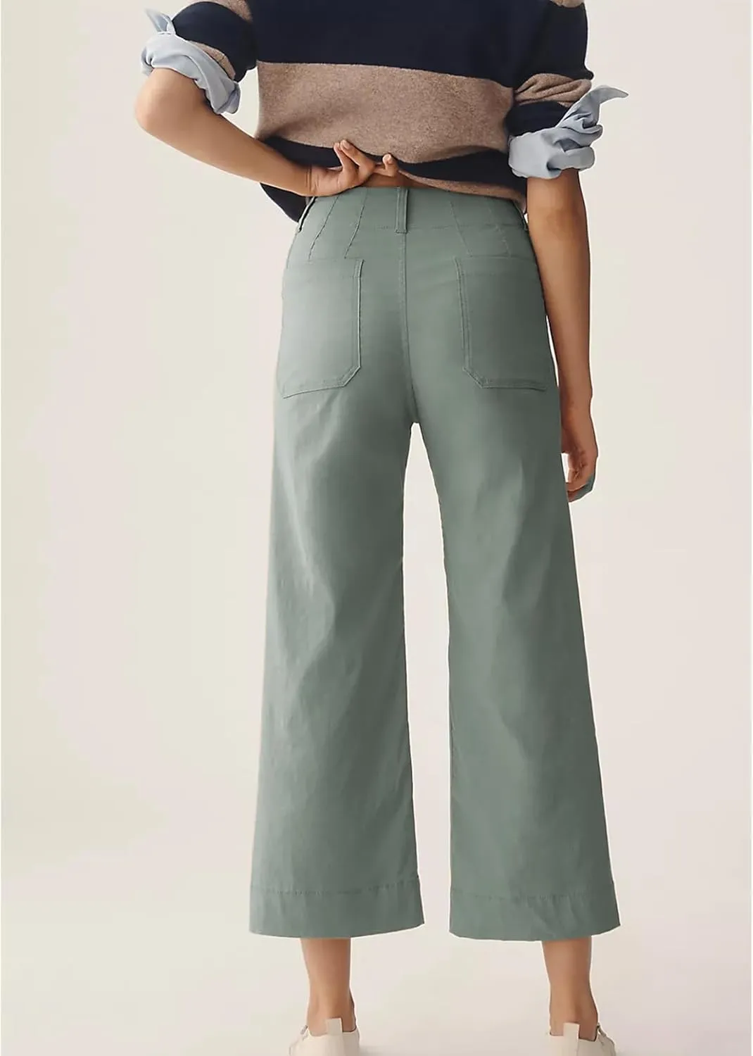 Cropped Wide-Leg Pants Casual High Waist Baggy Pants Stretchy Straight Trousers with Pockets