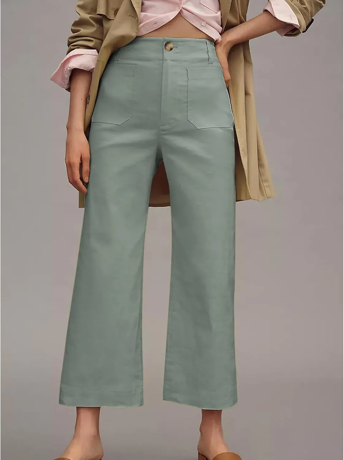 Cropped Wide-Leg Pants Casual High Waist Baggy Pants Stretchy Straight Trousers with Pockets