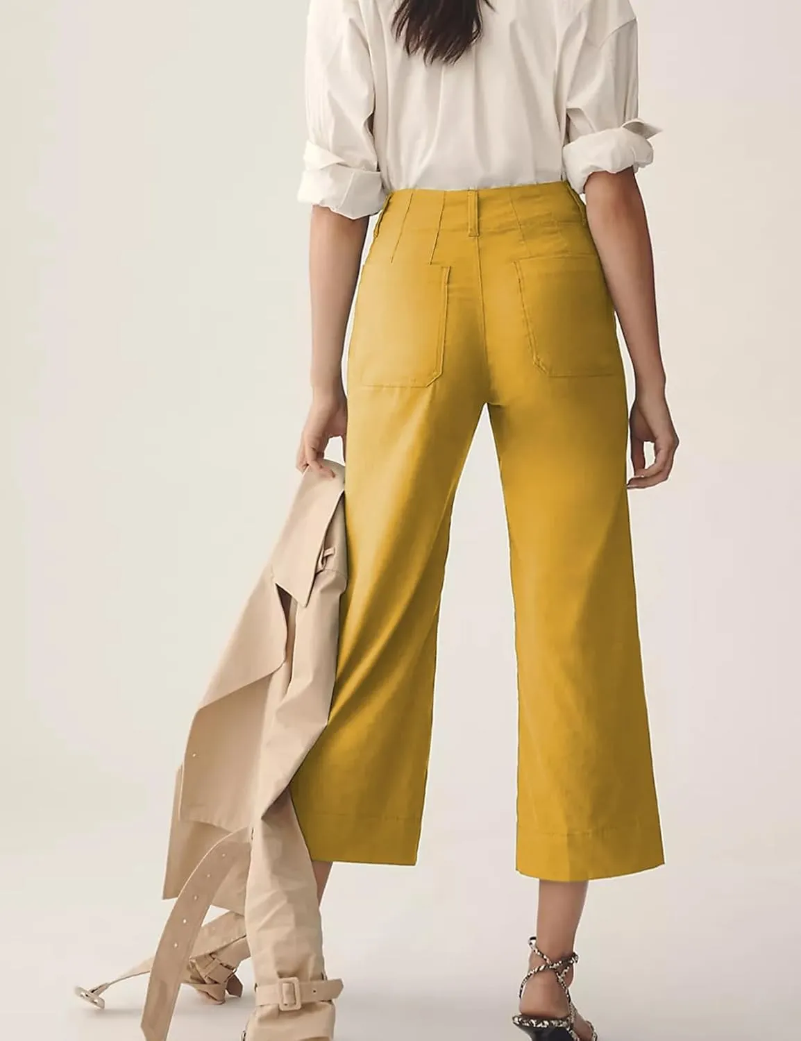 Cropped Wide-Leg Pants Casual High Waist Baggy Pants Stretchy Straight Trousers with Pockets