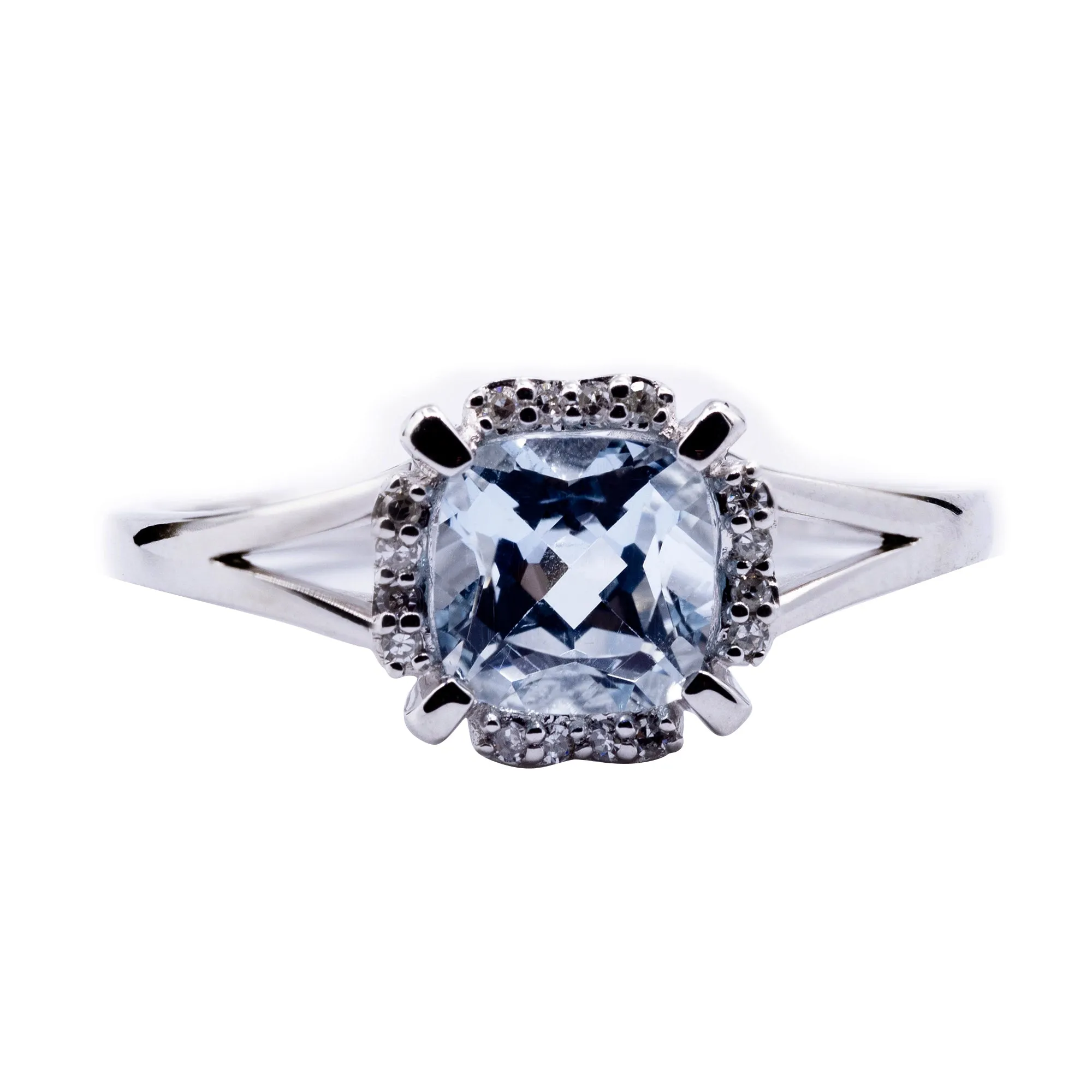 Cushion Aquamarine Setting with Diamond Accented Halo and Plain Split Shank Ring