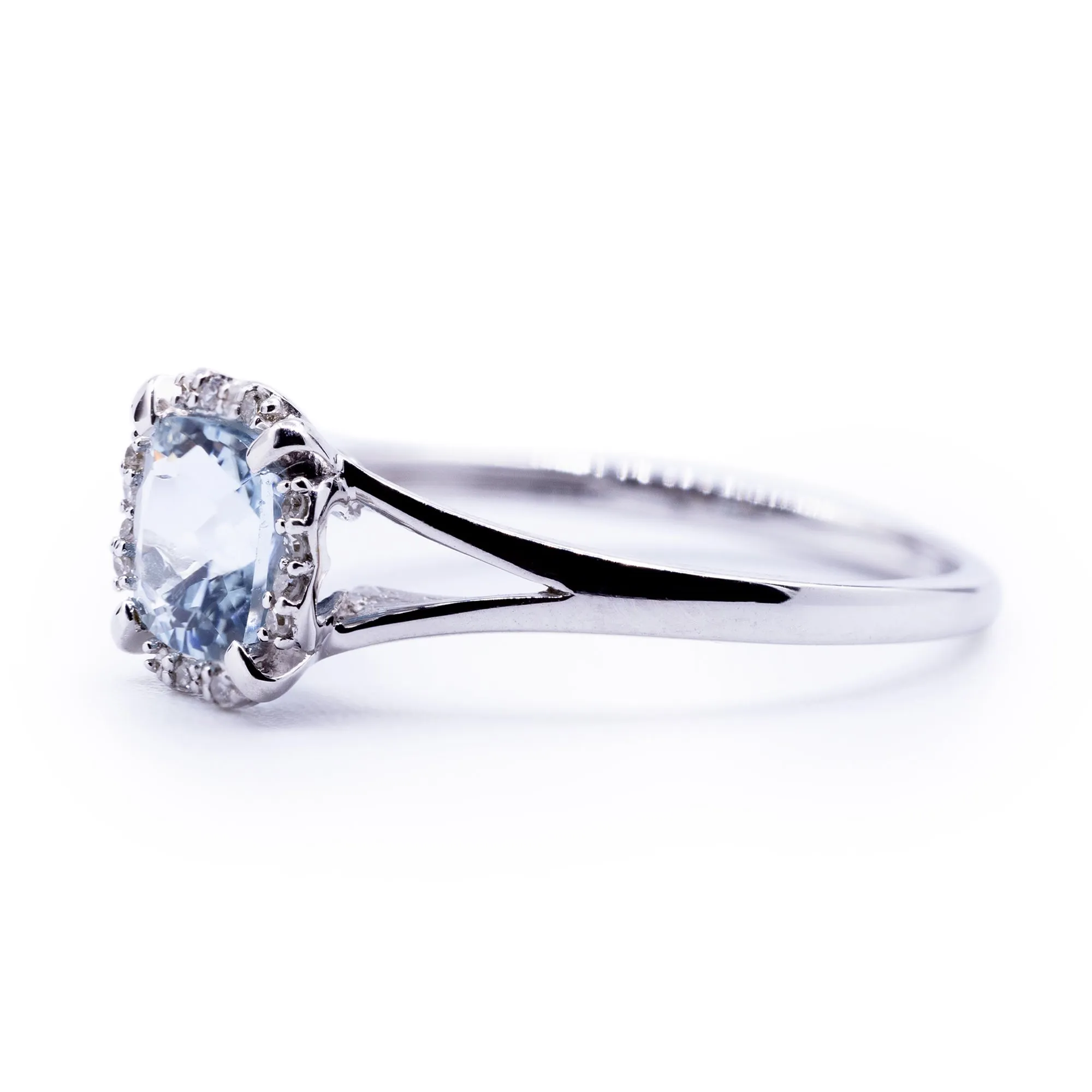 Cushion Aquamarine Setting with Diamond Accented Halo and Plain Split Shank Ring