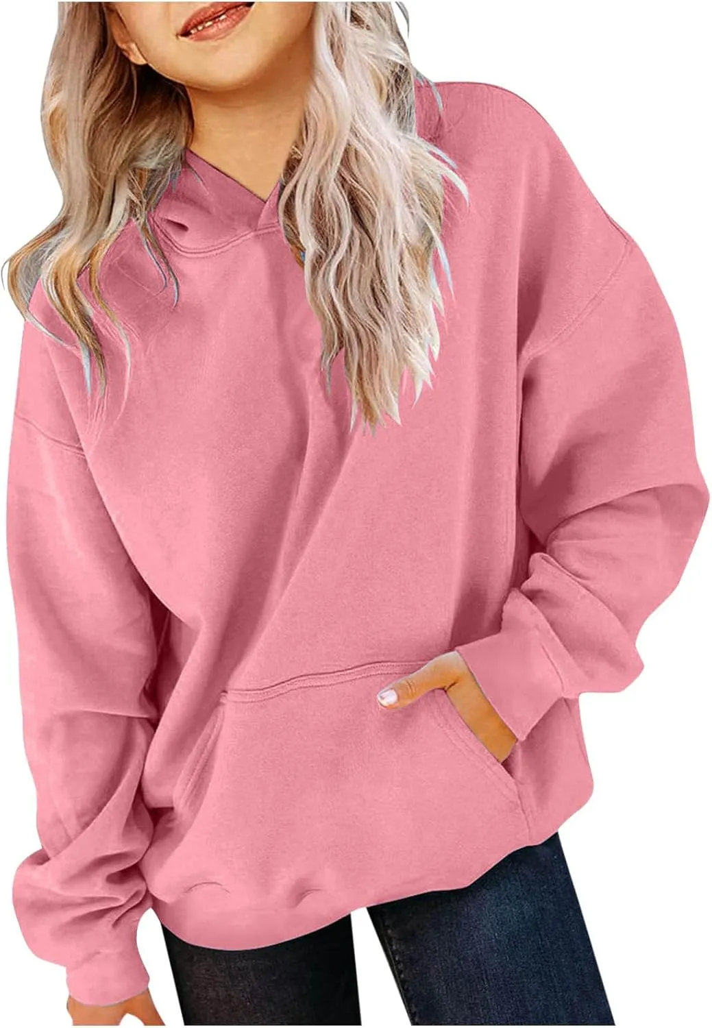 Cute Hoodies for Teen Girls Oversized Long Sleeve Fleece Hooded Sweatshirt Trendy Casual Solid Pocket Pullover Tops