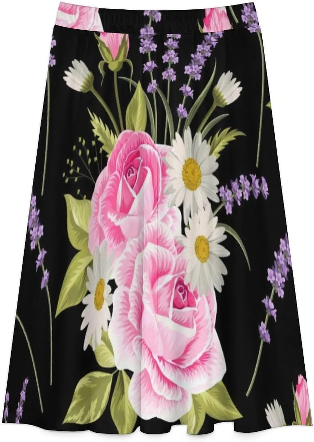 Cute Lavender Rose Printed Midi Skirt High Elastic Waist Ruched Bohemia Autumn Skirt