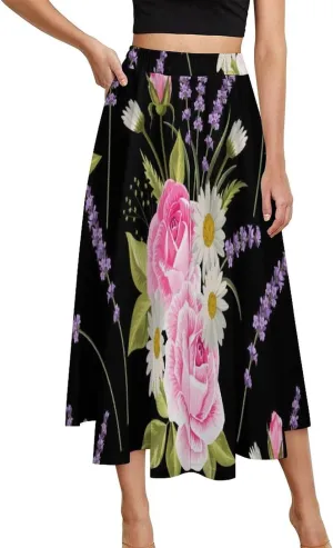 Cute Lavender Rose Printed Midi Skirt High Elastic Waist Ruched Bohemia Autumn Skirt