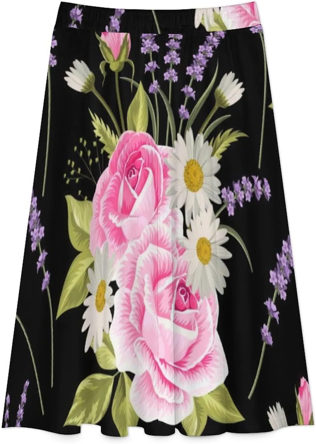 Cute Lavender Rose Printed Midi Skirt High Elastic Waist Ruched Bohemia Autumn Skirt