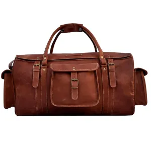 Distressed Leather Weekender Travel Duffle Bag with Detachable Shoulder Strap For Men & Women (24 inch)