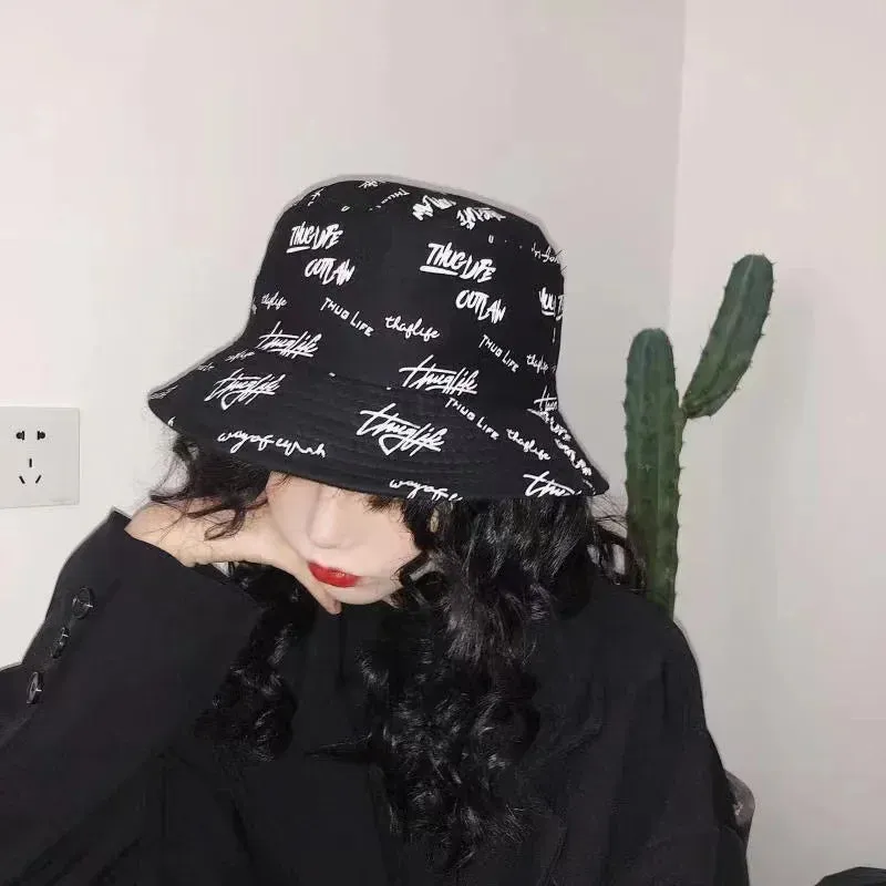 Double Sided Wide Brim Bucket Hat Graffiti Lettered Outdoor Unisex Cap