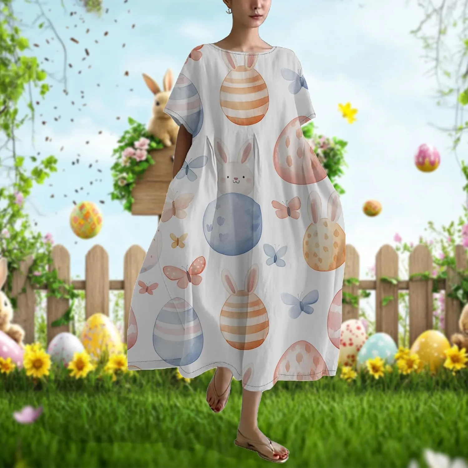 Easter Dresses for Women 2025 Trendy Plus Size Midi Dress Cute Bunny Egg Print Short Sleeve Flowy Dress with Pockets