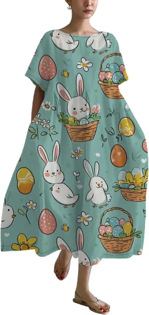 Easter Dresses for Women 2025 Trendy Plus Size Midi Dress Cute Bunny Egg Print Short Sleeve Flowy Dress with Pockets