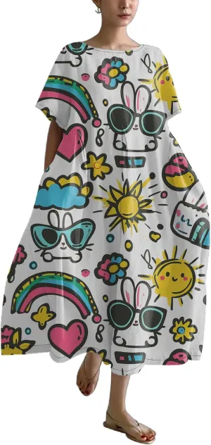 Easter Dresses for Women 2025 Trendy Plus Size Midi Dress Cute Bunny Egg Print Short Sleeve Flowy Dress with Pockets