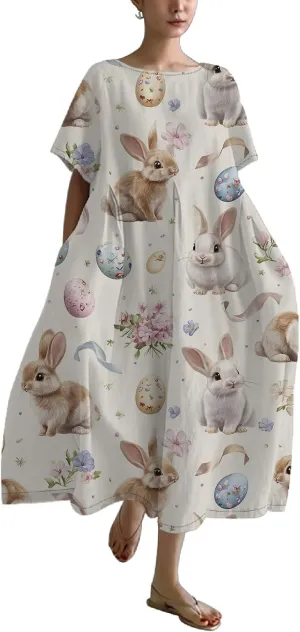Easter Dresses for Women 2025 Trendy Plus Size Midi Dress Cute Bunny Egg Print Short Sleeve Flowy Dress with Pockets
