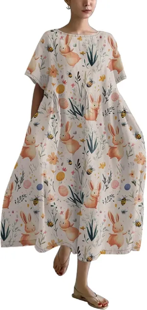 Easter Dresses for Women 2025 Trendy Plus Size Midi Dress Cute Bunny Egg Print Short Sleeve Flowy Dress with Pockets