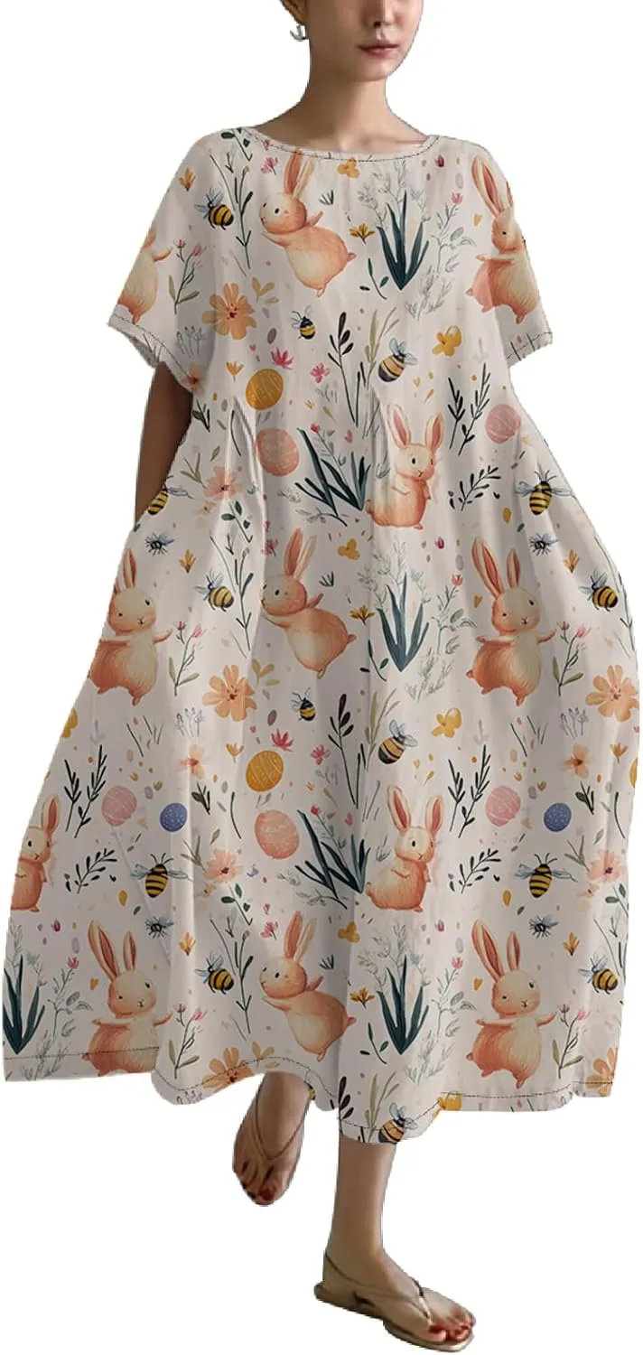 Easter Dresses for Women 2025 Trendy Plus Size Midi Dress Cute Bunny Egg Print Short Sleeve Flowy Dress with Pockets