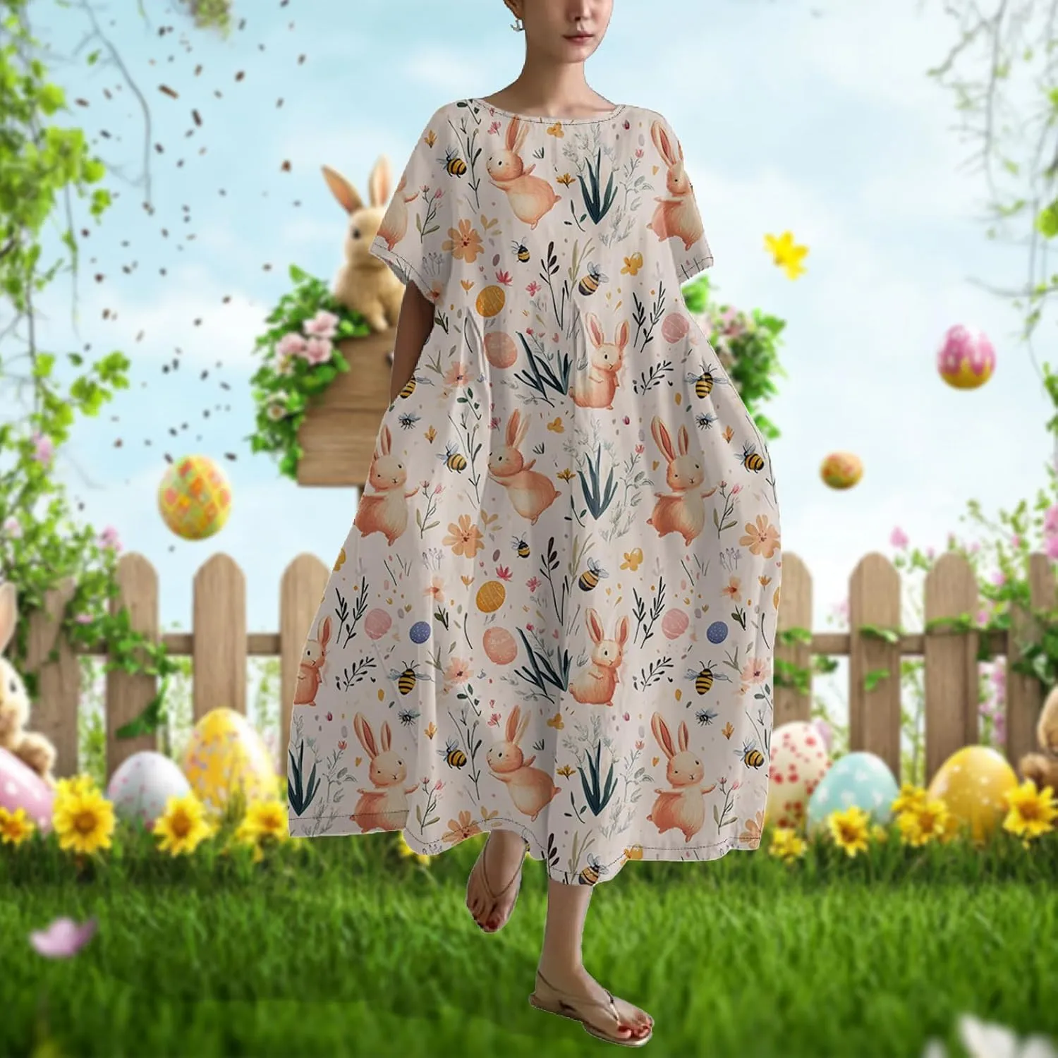 Easter Dresses for Women 2025 Trendy Plus Size Midi Dress Cute Bunny Egg Print Short Sleeve Flowy Dress with Pockets
