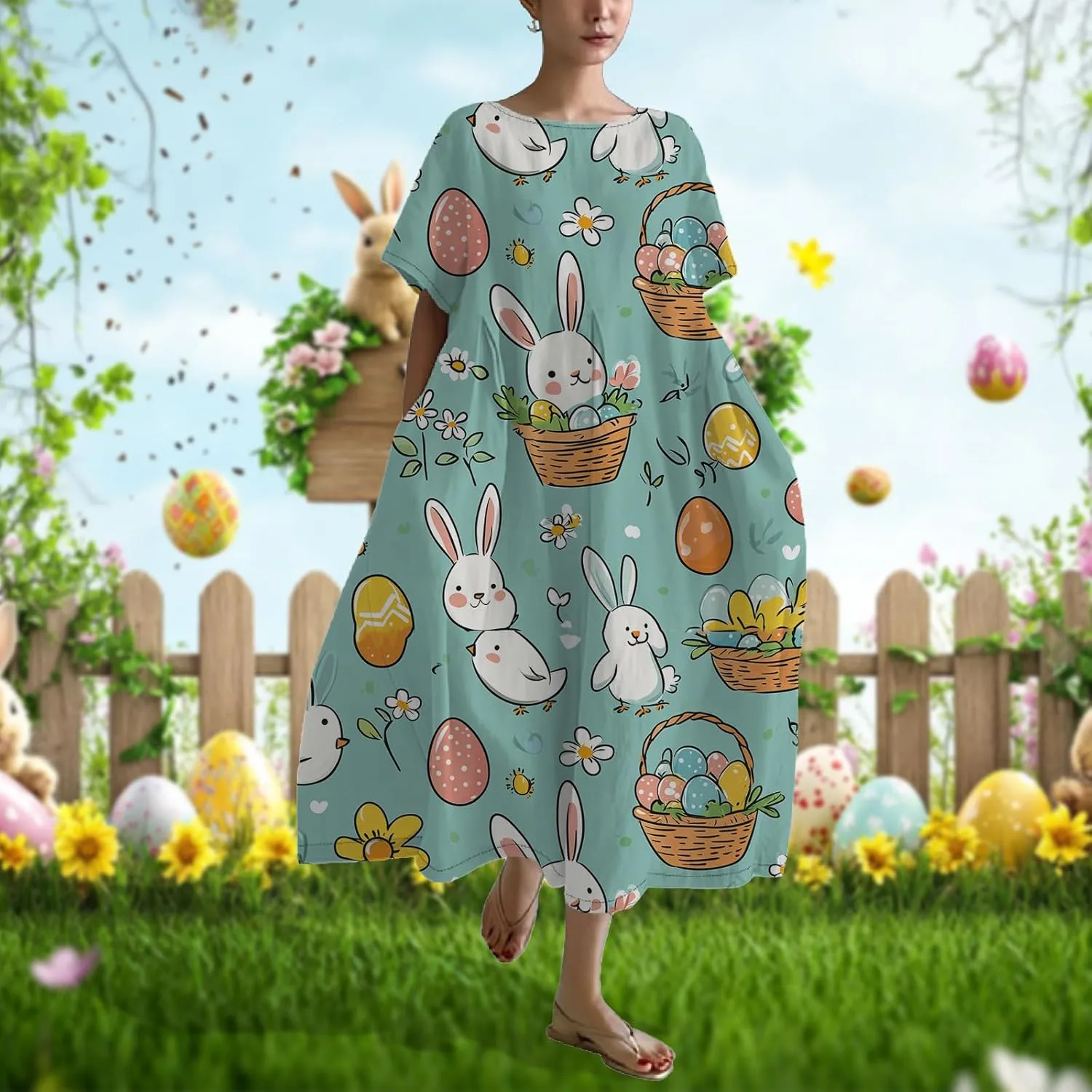 Easter Dresses for Women 2025 Trendy Plus Size Midi Dress Cute Bunny Egg Print Short Sleeve Flowy Dress with Pockets