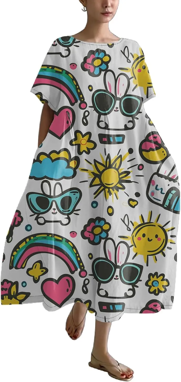 Easter Dresses for Women 2025 Trendy Plus Size Midi Dress Cute Bunny Egg Print Short Sleeve Flowy Dress with Pockets