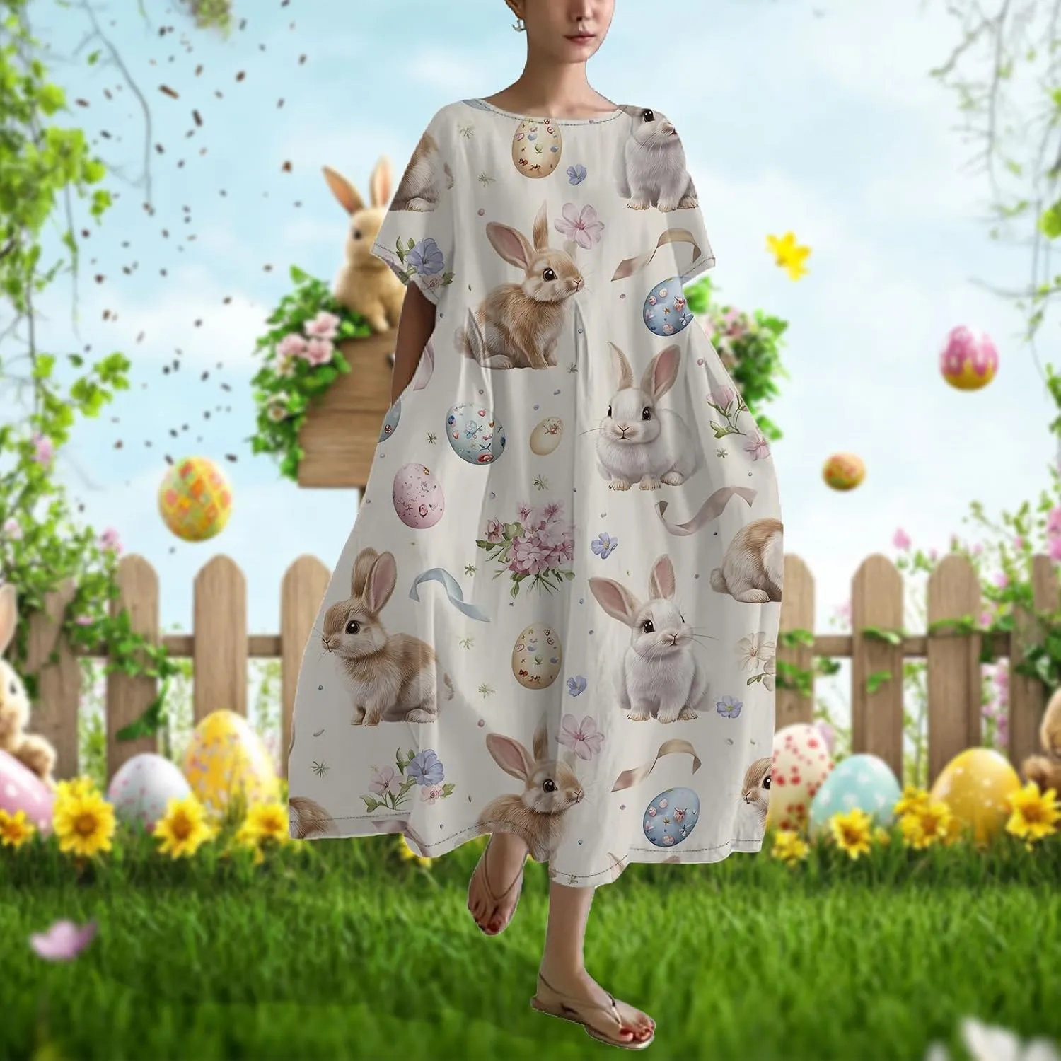 Easter Dresses for Women 2025 Trendy Plus Size Midi Dress Cute Bunny Egg Print Short Sleeve Flowy Dress with Pockets