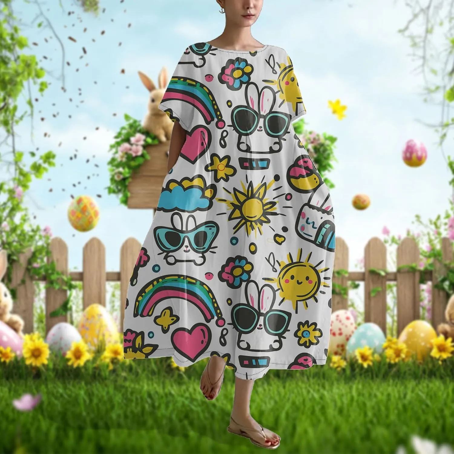 Easter Dresses for Women 2025 Trendy Plus Size Midi Dress Cute Bunny Egg Print Short Sleeve Flowy Dress with Pockets
