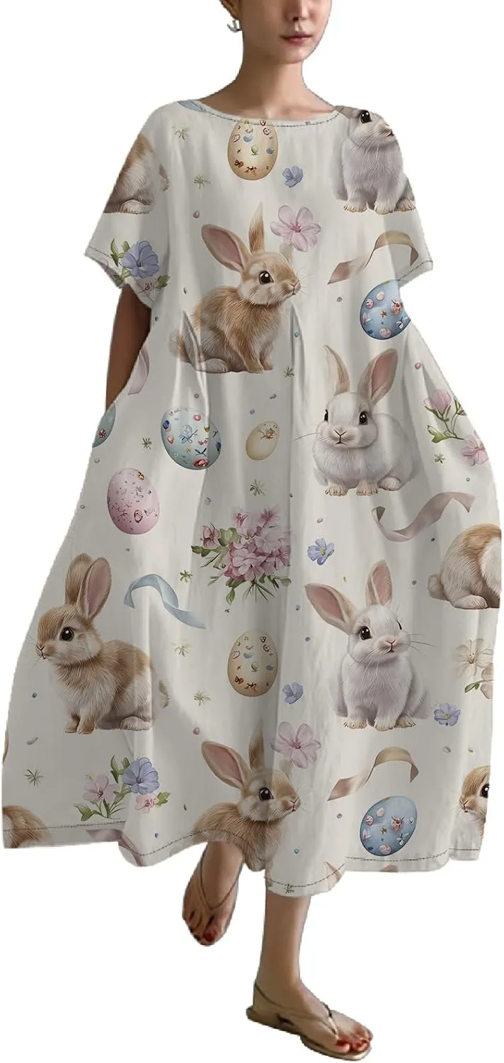 Easter Dresses for Women 2025 Trendy Plus Size Midi Dress Cute Bunny Egg Print Short Sleeve Flowy Dress with Pockets