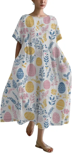 Easter Dresses for Women 2025 Trendy Plus Size Midi Dress Cute Bunny Egg Print Short Sleeve Flowy Dress with Pockets