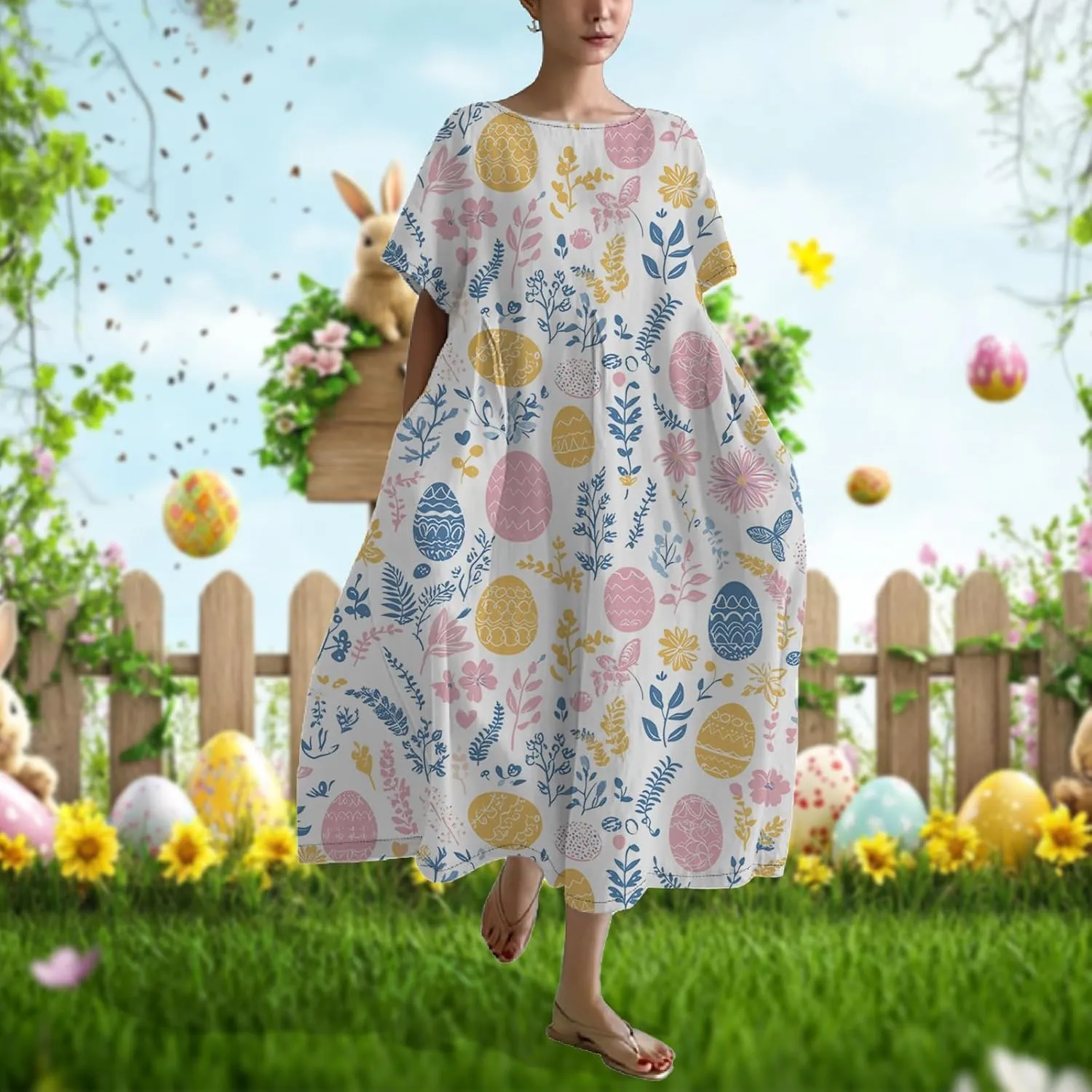 Easter Dresses for Women 2025 Trendy Plus Size Midi Dress Cute Bunny Egg Print Short Sleeve Flowy Dress with Pockets