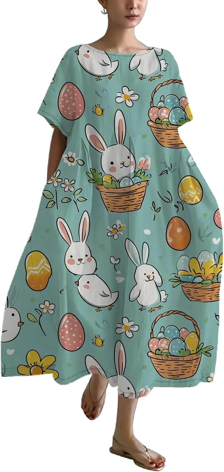 Easter Dresses for Women 2025 Trendy Plus Size Midi Dress Cute Bunny Egg Print Short Sleeve Flowy Dress with Pockets