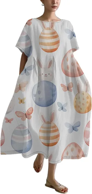 Easter Dresses for Women 2025 Trendy Plus Size Midi Dress Cute Bunny Egg Print Short Sleeve Flowy Dress with Pockets
