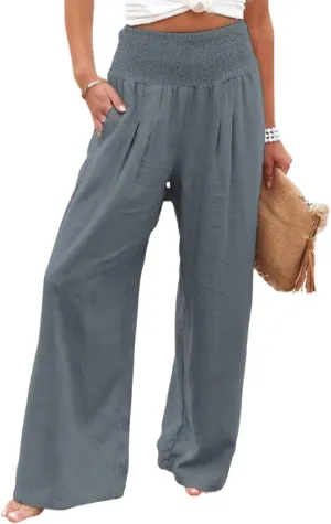 ebossy Women's Cotton Linen Casual Pants Wide Leg High Waist Long Palazzo Trousers with Pockets