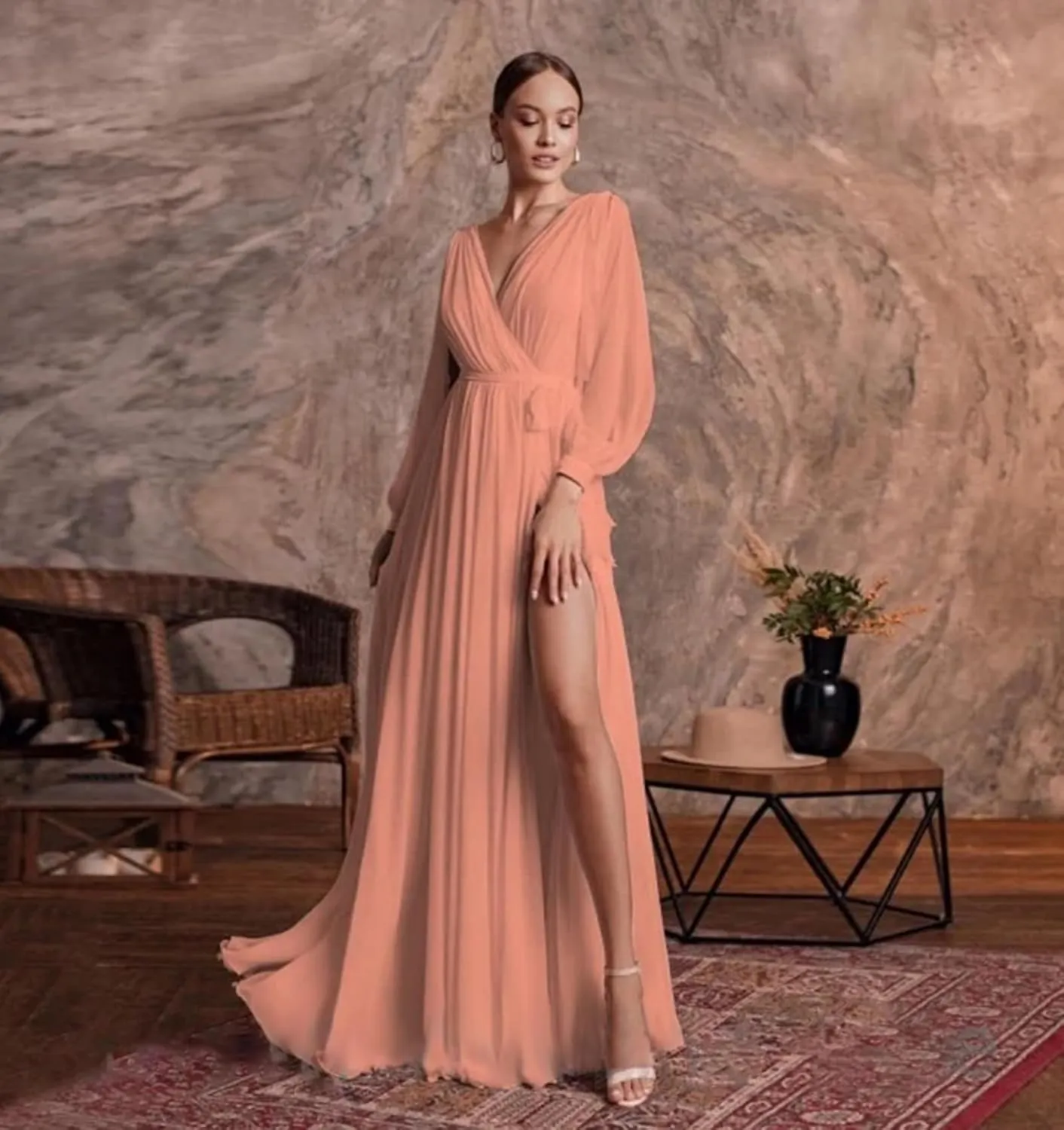 Elegant Bridesmaid Dresses with Sash Slit Long Sleeves V Neck A Line Chiffon Formal Gowns and Evening Dresses