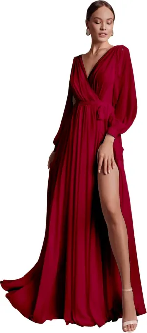 Elegant Bridesmaid Dresses with Sash Slit Long Sleeves V Neck A Line Chiffon Formal Gowns and Evening Dresses