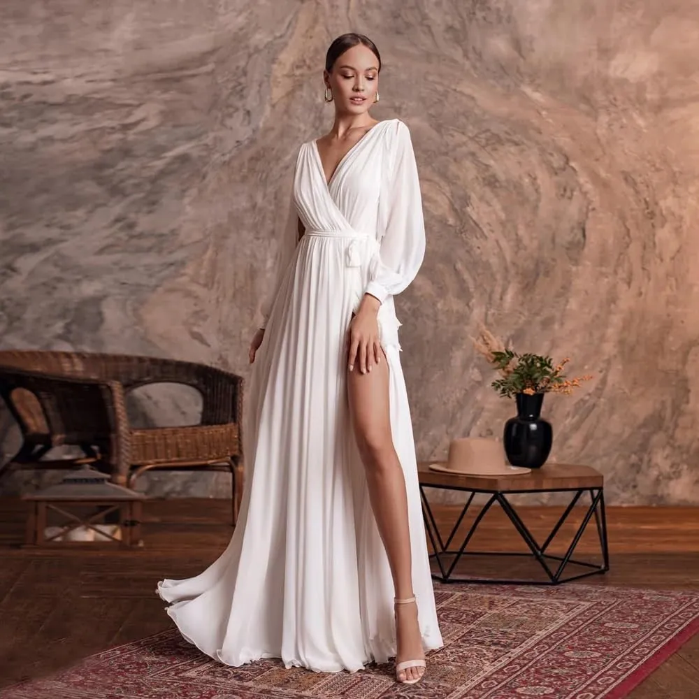 Elegant Bridesmaid Dresses with Sash Slit Long Sleeves V Neck A Line Chiffon Formal Gowns and Evening Dresses