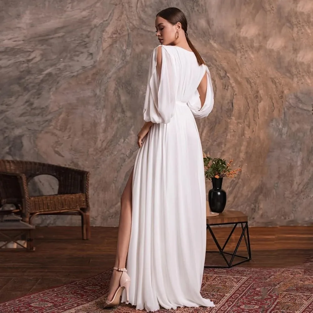 Elegant Bridesmaid Dresses with Sash Slit Long Sleeves V Neck A Line Chiffon Formal Gowns and Evening Dresses