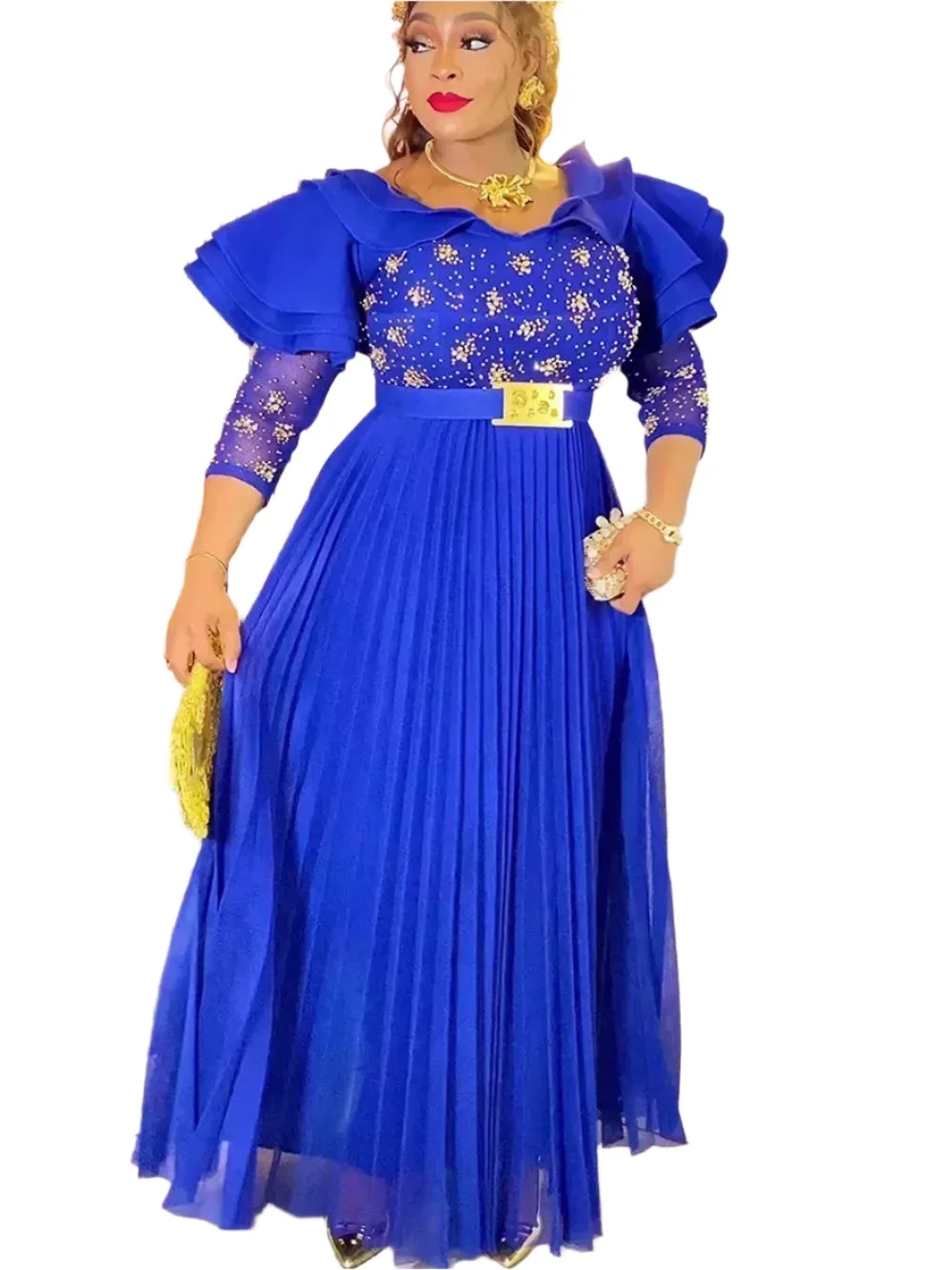 Elegant Pleated Maxi Dress | African Dashiki Party & Office Outfit