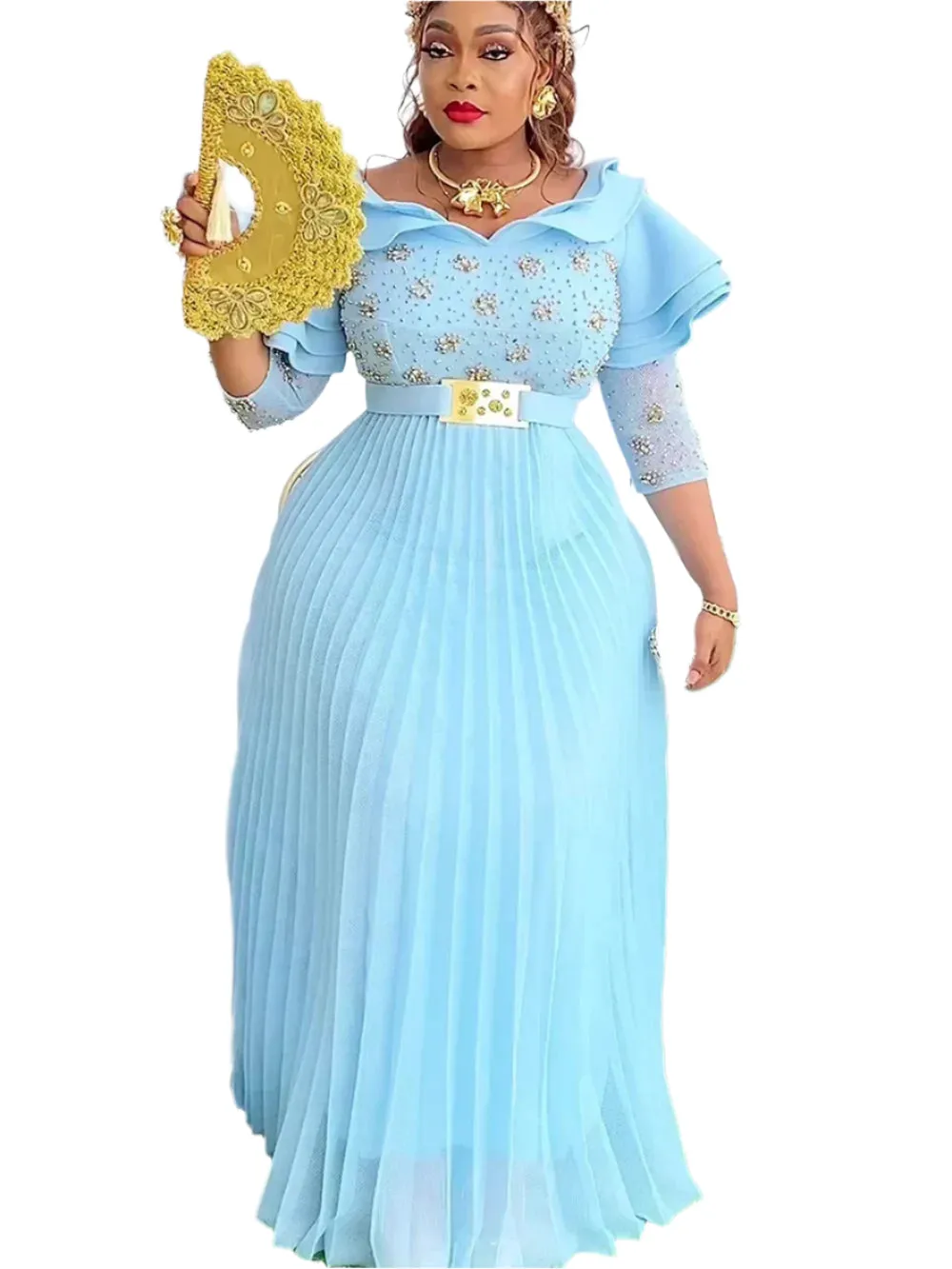 Elegant Pleated Maxi Dress | African Dashiki Party & Office Outfit